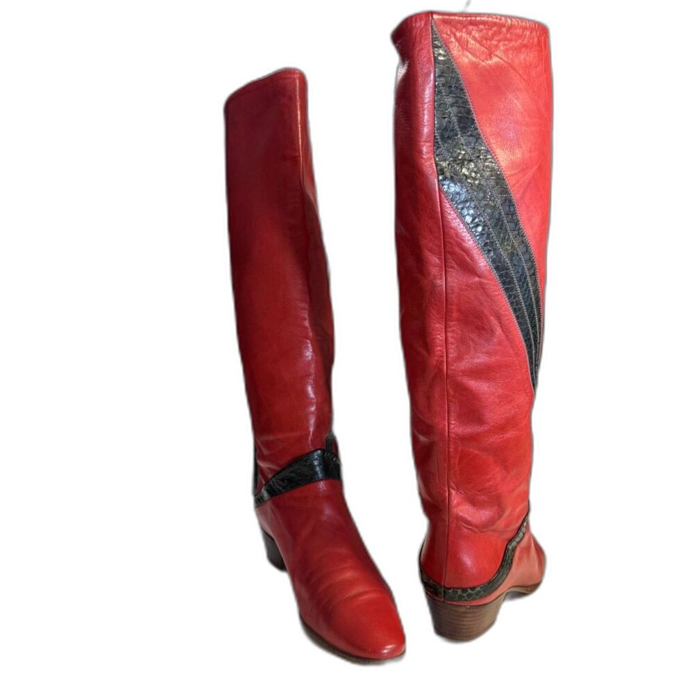 Vintage Pollini Red Leather Python Trim Knee High Boots Made Italy EU 37 6 1/2-7 - Picture 2 of 12